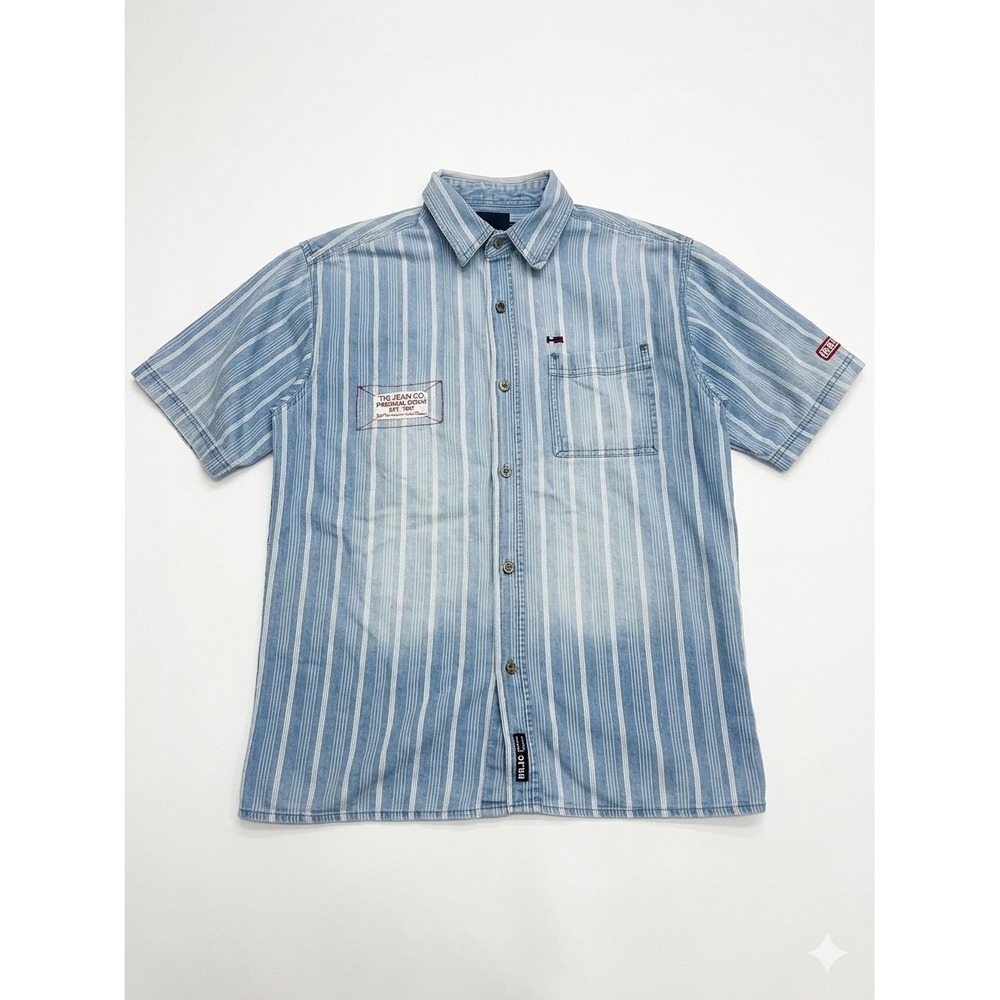 Bugle Boy Button Down Shirt Mens Medium Blue Good Striped Vintage 90s Short Slv